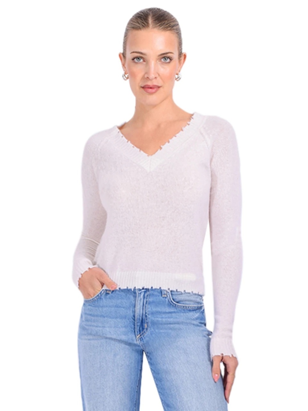 Minnie Rose 100% Cashmere Frayed Edge V-Neck Sweater S Cream Ivory Distressed